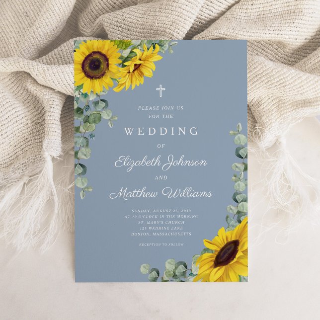 Invitación Boda religioso de girasol floral azul (Religious Dusty Blue Floral Sunflower Wedding Invitation)
