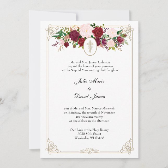 Invitación Boda religioso floral elegante católico (Anverso)