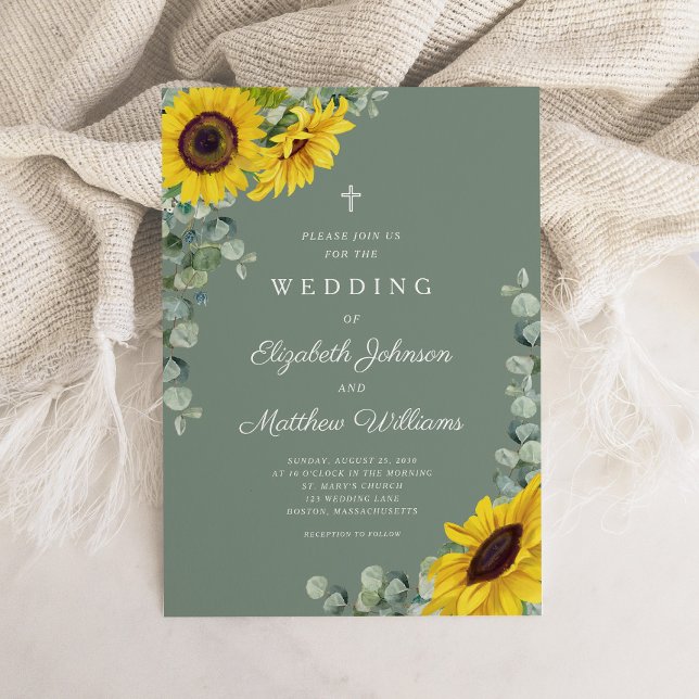 Invitación Boda religioso Sage Green Floral Sunflower (Religious Sage Green Floral Sunflower Wedding Invitation)