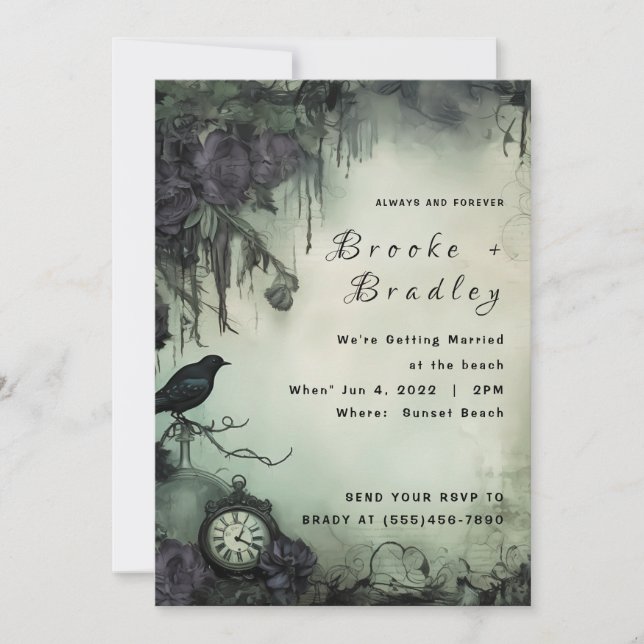 Invitación Boda Reloj de Época Gótico Verde Oscuro (Anverso)