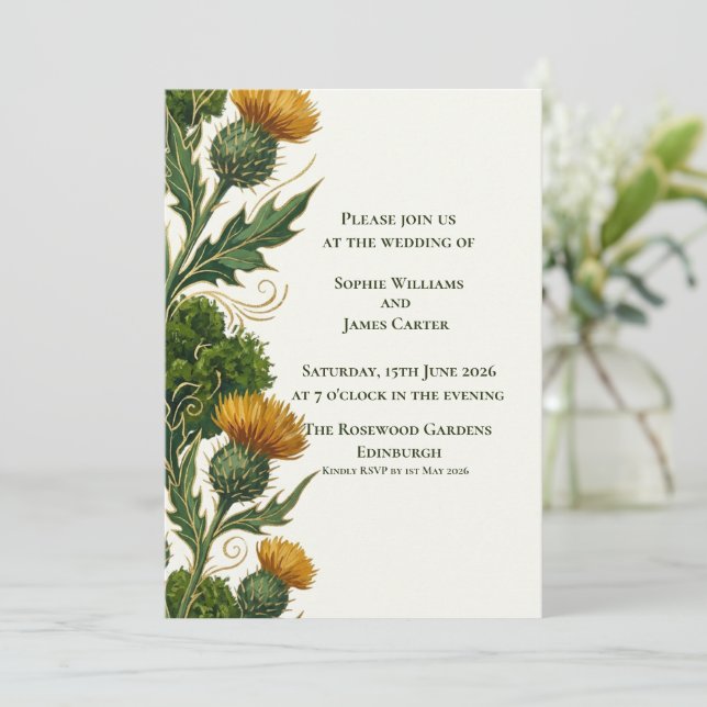 Invitación Boda Remolino de Oro del Cardo Amarillo Escocés (Anverso de pie)