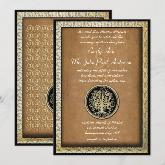 Invitación Boda Remolino Metálico Dorado Árbol Borde Dorado (Anverso / Reverso)