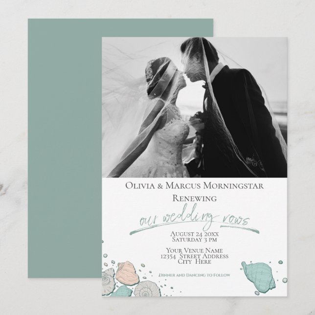 Invitación Boda Renovación de coral marino moderno Verde azul (Anverso / Reverso)