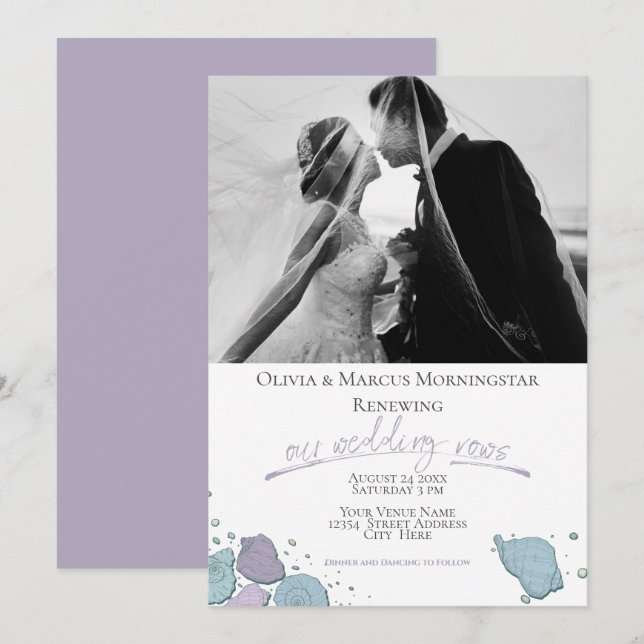 Invitación Boda Renovación de la moderna concha violeta viole (Anverso / Reverso)