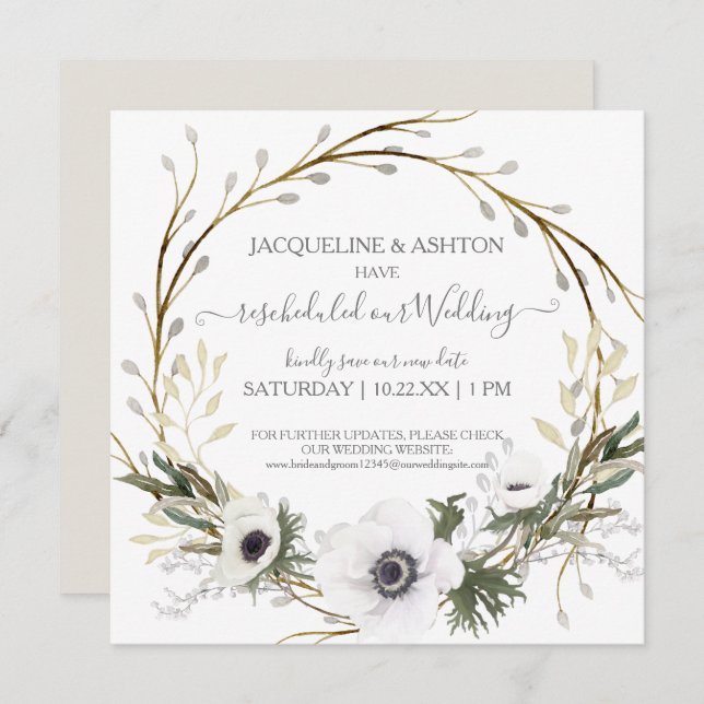 Invitación Boda reprogramado Anemone White Grey Eucalyptus (Anverso / Reverso)