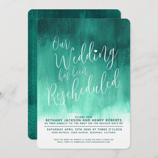 Invitación Boda reprogramado de arte moderno verde esmeralda (Anverso / Reverso)