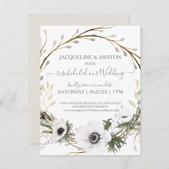 Invitación Boda reprogramado Gris y Eucalipto floral blanco (Anverso / Reverso)