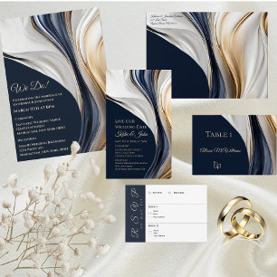 Invitación Boda-Resumen Arte Fluido-Azul y Oro-