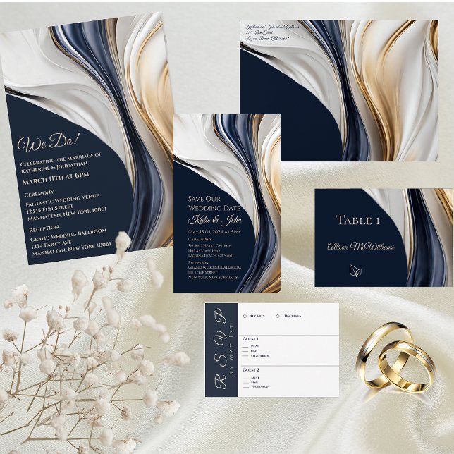 Invitación Boda-Resumen Arte Fluido-Azul y Oro- (Modern Wedding Theme-Blue White and Gold)