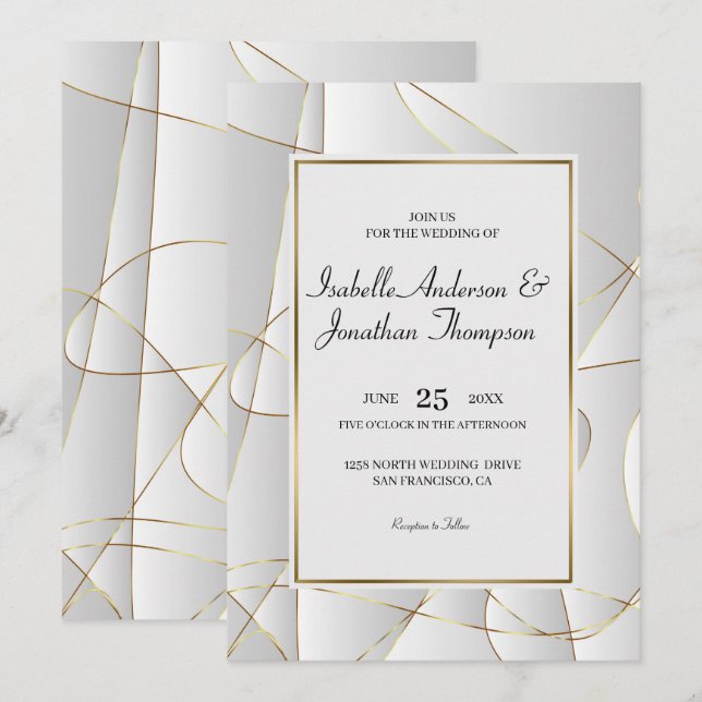Invitación Boda Resumen de Líneas Doradas de Lujo (Anverso / Reverso)