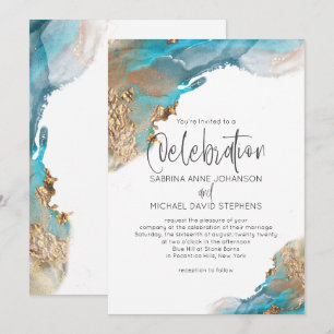 Invitación Boda Resumen moderno Aqua Gold Marble