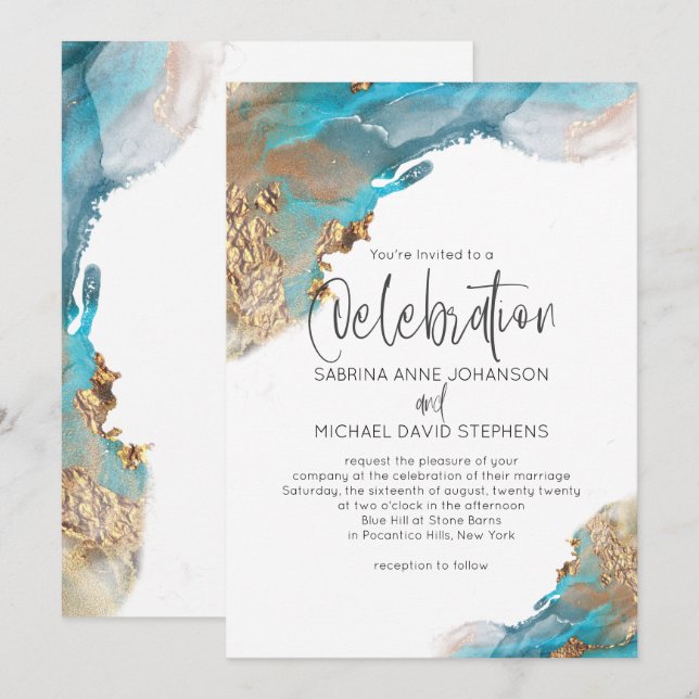 Invitación Boda Resumen moderno Aqua Gold Marble (Anverso / Reverso)