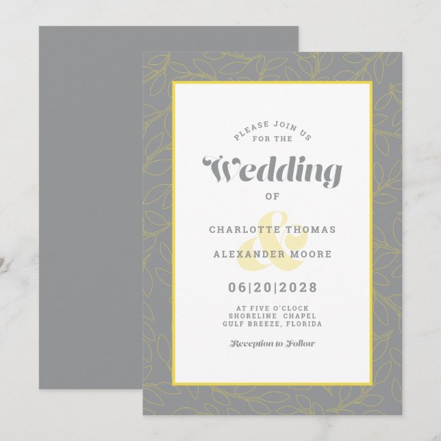 Invitación Boda Resumen moderno deja patrón amarillo gris (Anverso / Reverso)