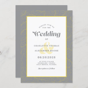 Invitación Boda Resumen moderno deja patrón amarillo gris