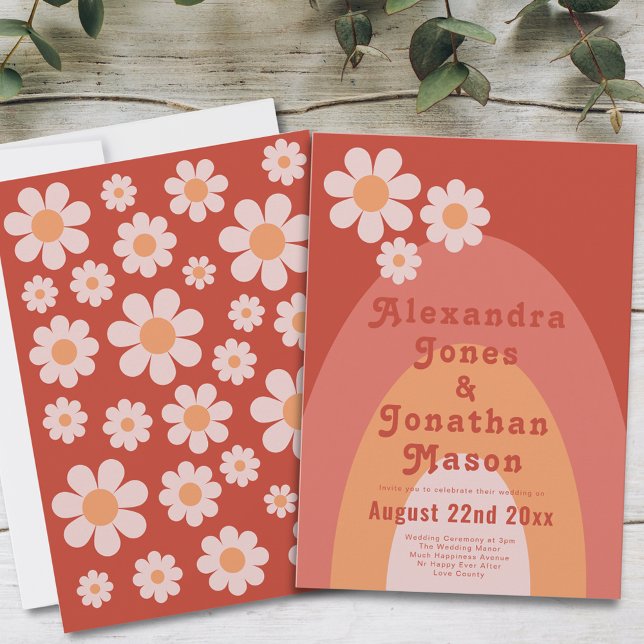 Invitación Boda Retro 70 de Engranaje Moderno (Retro 70s vintage daisy arch orange wedding invitation with groovy typography )