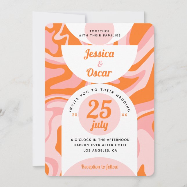 Invitación Boda Retro 70s Remolino Líquido Boho Rosa Naranja (Anverso)