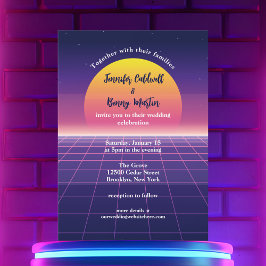 Invitación Boda Retro 80 Neon Purple Synthwave Sunset