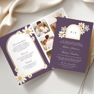 Invitación Boda Retro Amarillo Morado Polvo Daisy Todo en Uno