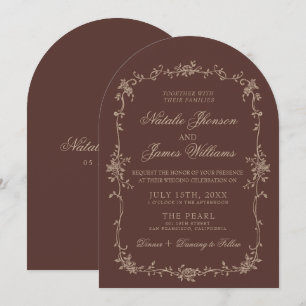 Invitación Boda Retro Arqueada Marrón Beige Chocolate Floral