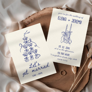 Invitación Boda retro-azul chillón ilustrado con mano