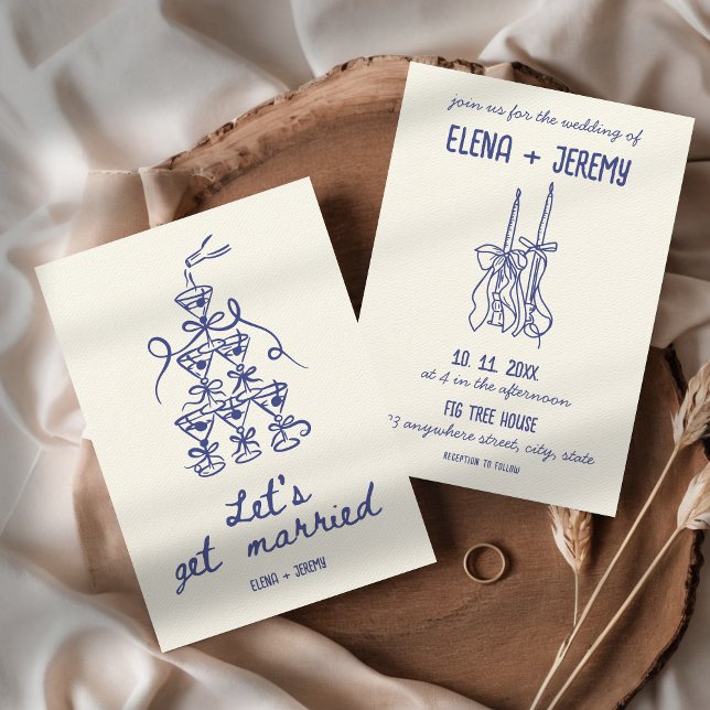 Invitación Boda retro-azul chillón ilustrado con mano (Let's get married Funny Whimsical Quirky Hand Illustrated Blue French Vintage Wedding Invitation )