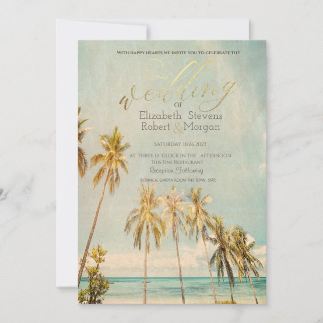 Invitación Boda Retro Beach Palms (Anverso)