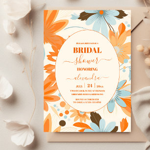 Invitación Boda Retro Boho Naranja Azul Floral Groovy