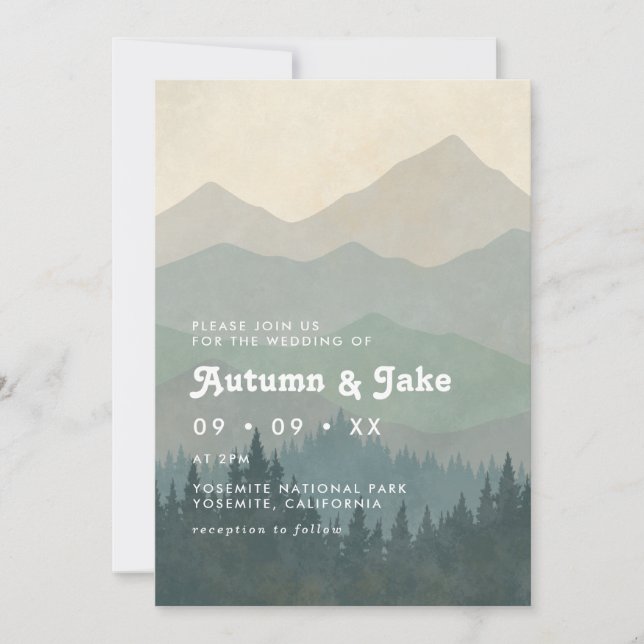 Invitación Boda Retro Bosque Montañas Boho Azul  (Anverso)