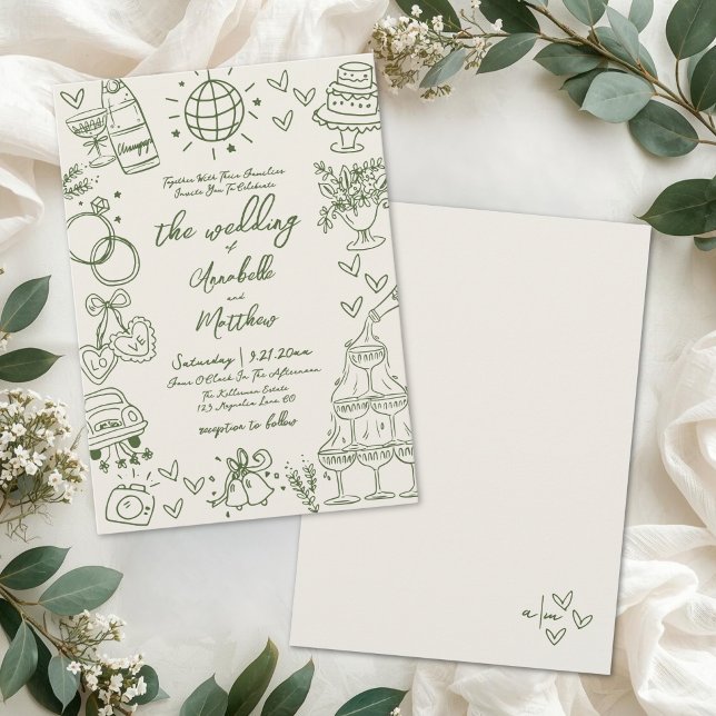 Invitación Boda Retro Caprichosa Dibujada a Mano (Hand Drawn Whimsical Retro Wedding Invitation)