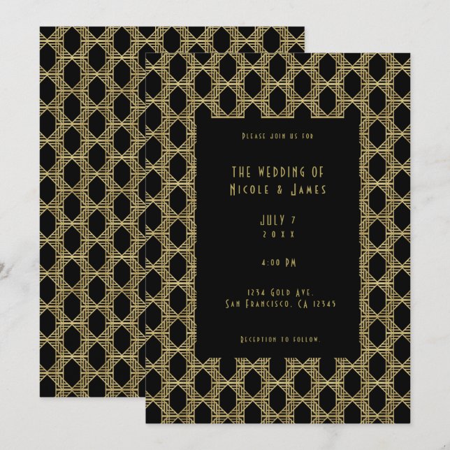 Invitación Boda Retro Chic Diamante Art Deco Negro Oro  (Anverso / Reverso)