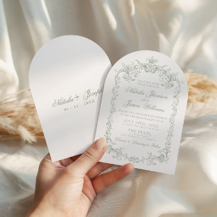 Invitación Boda Retro con Arco de Verde Salvia Vintage