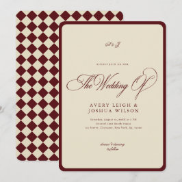 Invitación Boda Retro con Borde Cuadriculado de Marfil y Borg