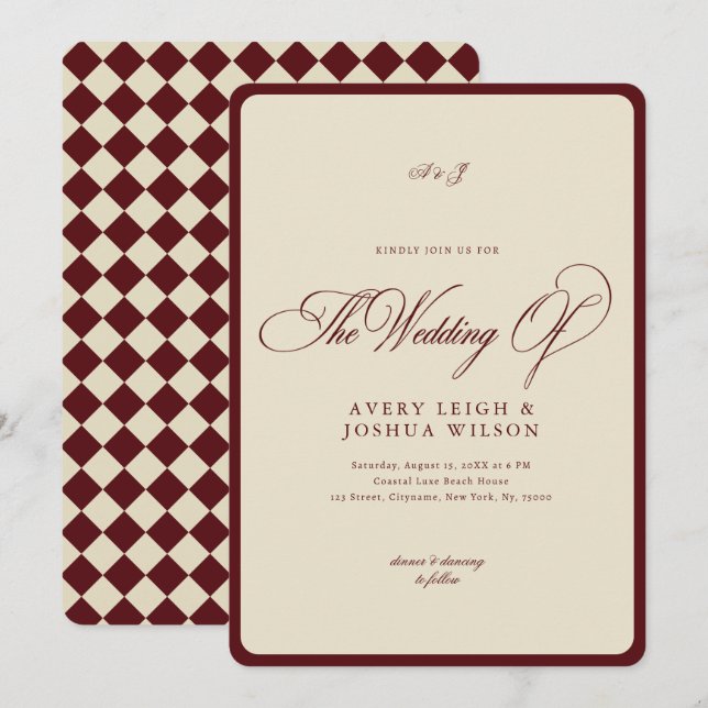 Invitación Boda Retro con Borde Cuadriculado de Marfil y Borg (Anverso / Reverso)
