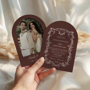 Invitación Boda Retro con Foto en Arco de Chocolate Floral Ma
