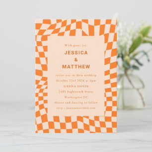 Invitación Boda Retro Cuadrícula Ondulada Naranja Melocotón