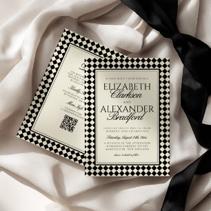 Invitación Boda Retro de Diamantes a Cuadros con Dinero Antig
