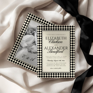 Invitación Boda Retro de Diamantes a Cuadros con Dinero Antig