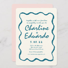 Invitación Boda retro de escritura a mano azul ondulada