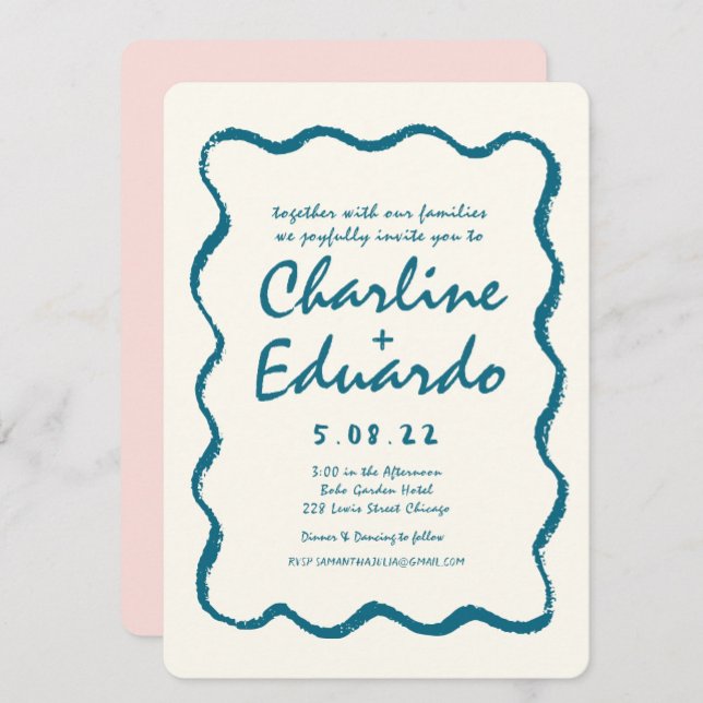 Invitación Boda retro de escritura a mano azul ondulada (Subido por el creador)