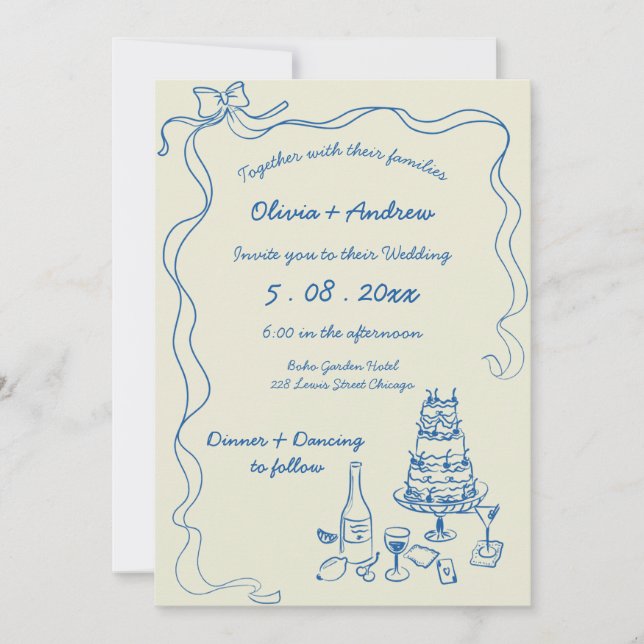 Invitación Boda retro de escritura a mano dibujado a mano por (Anverso)