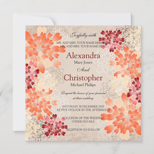 Invitación Boda retro de flores rojas y crema Naranjas (Anverso)
