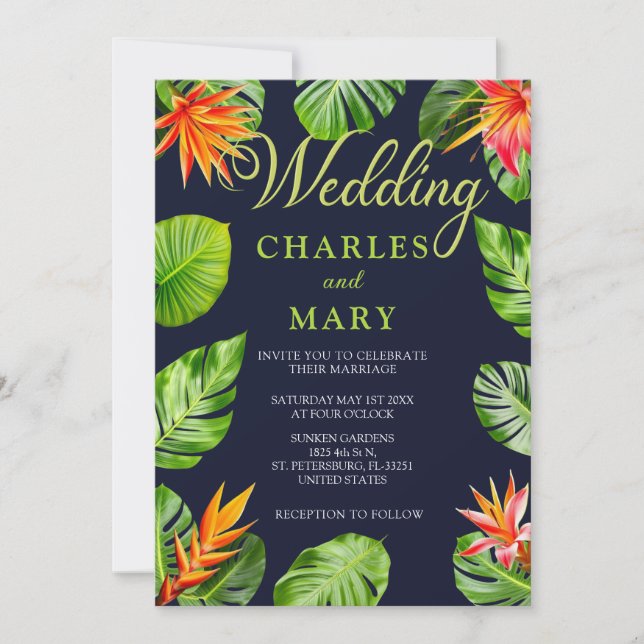Invitación Boda retro de hojas y flores tropicales (Anverso)