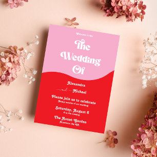 Invitación Boda Retro de los 70 Rosa y Rojo Neón