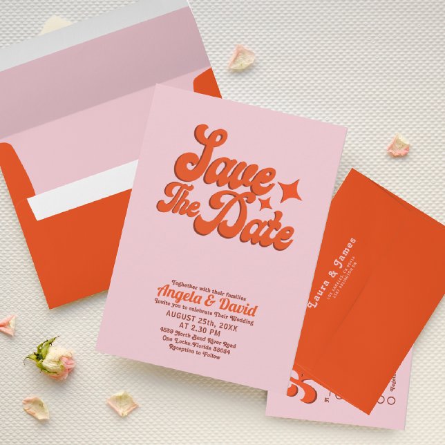 Invitación Boda retro de naranja rosa Groovy venado moderno (Subido por el creador)