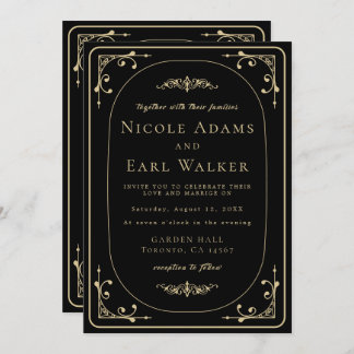 Invitación Boda Retro de Oro de Deco Elegante Negro