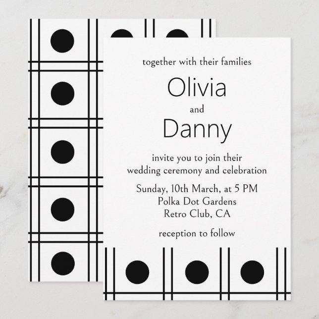 Invitación Boda retro de puntos de polka blanco y negro (Anverso / Reverso)