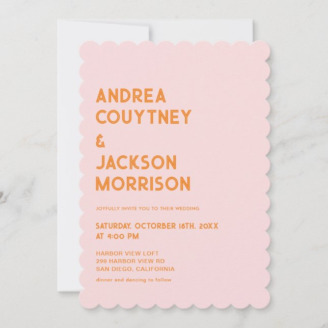 Invitación Boda Retro de Verano Rosa y Naranja (Anverso)