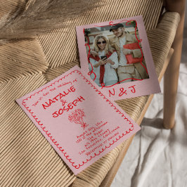 Invitación Boda Retro Dibujada a Mano Rosa Rojo Funky