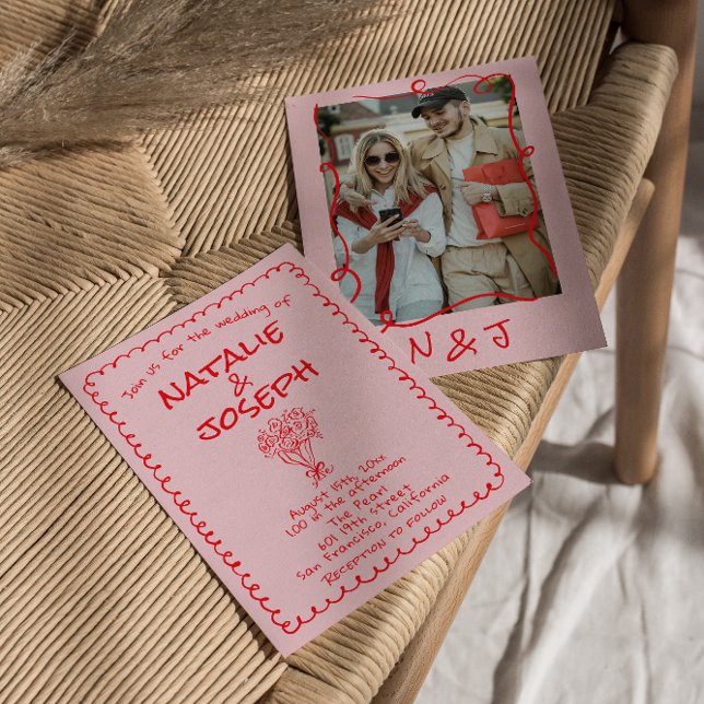 Invitación Boda Retro Dibujada a Mano Rosa Rojo Funky (Subido por el creador)