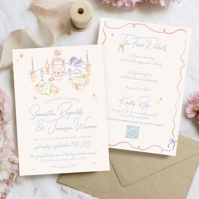 Invitación Boda Retro Dibujo a Mano Plegable Pastel y Azul (Retro hand drawn pastel scribble doodle whimsical wedding table bows handwritten qr code invitation)